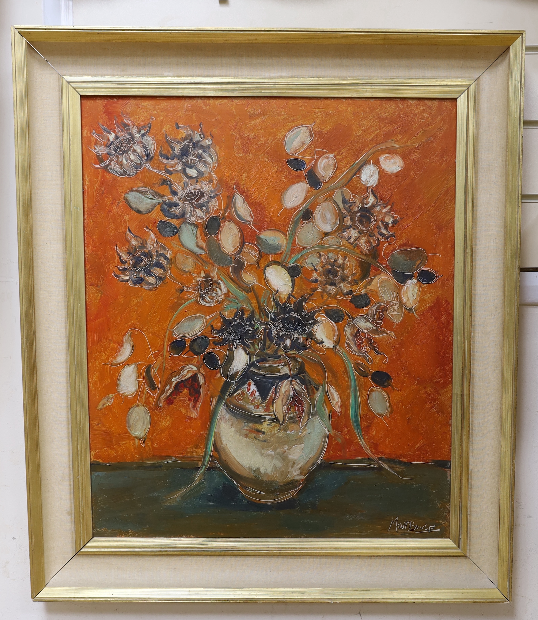 Matt Bruce (1915-2000), oil on board, Still life of flowers in a vase, signed, 60 x 50cm